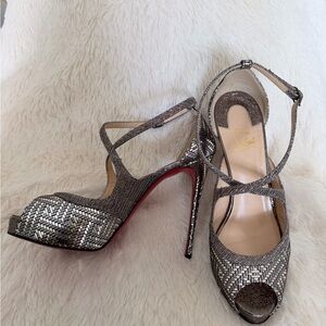 Metallic Silver Cross-Strap Peep-Toe Stiletto Heels